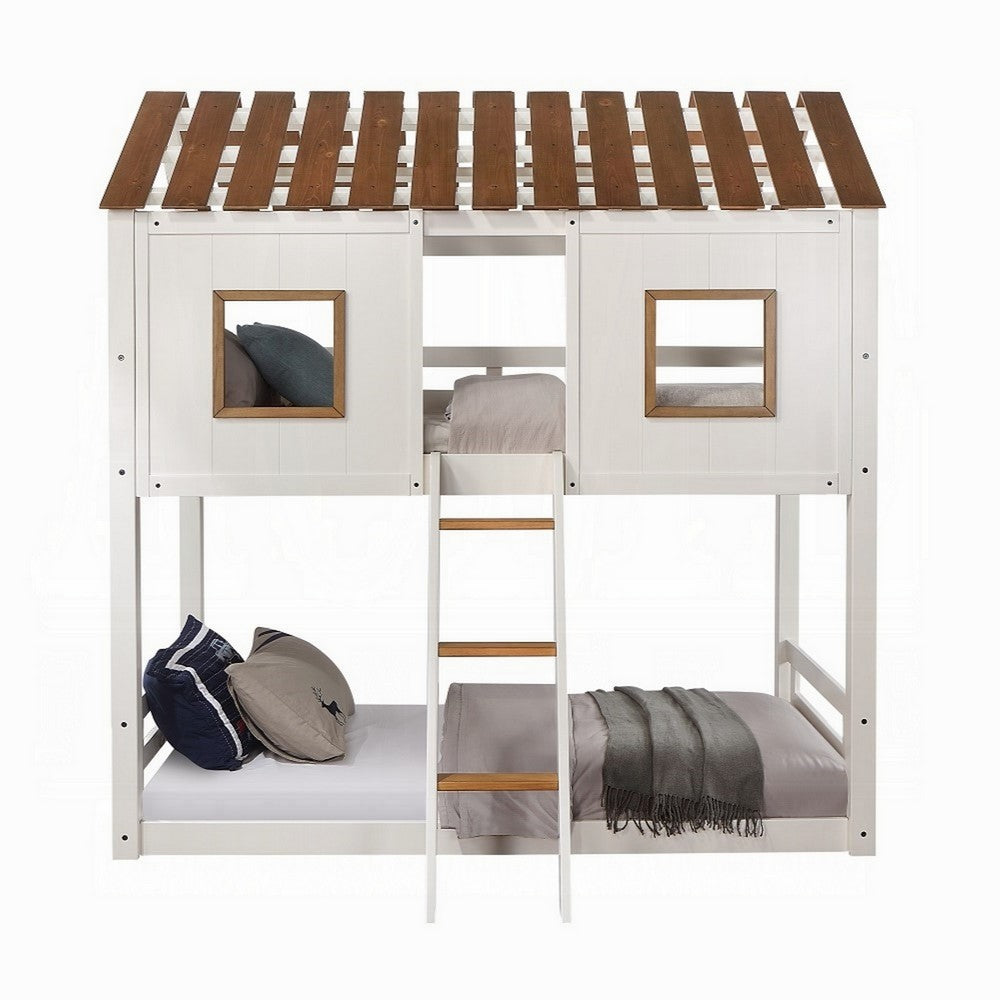 Nara Twin Size Bunk Bed, House Design with Ladder, White Rustic Wood