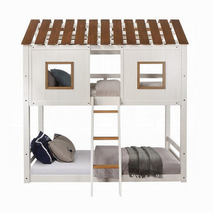 Nara Twin Size Bunk Bed, House Design with Ladder, White Rustic Wood