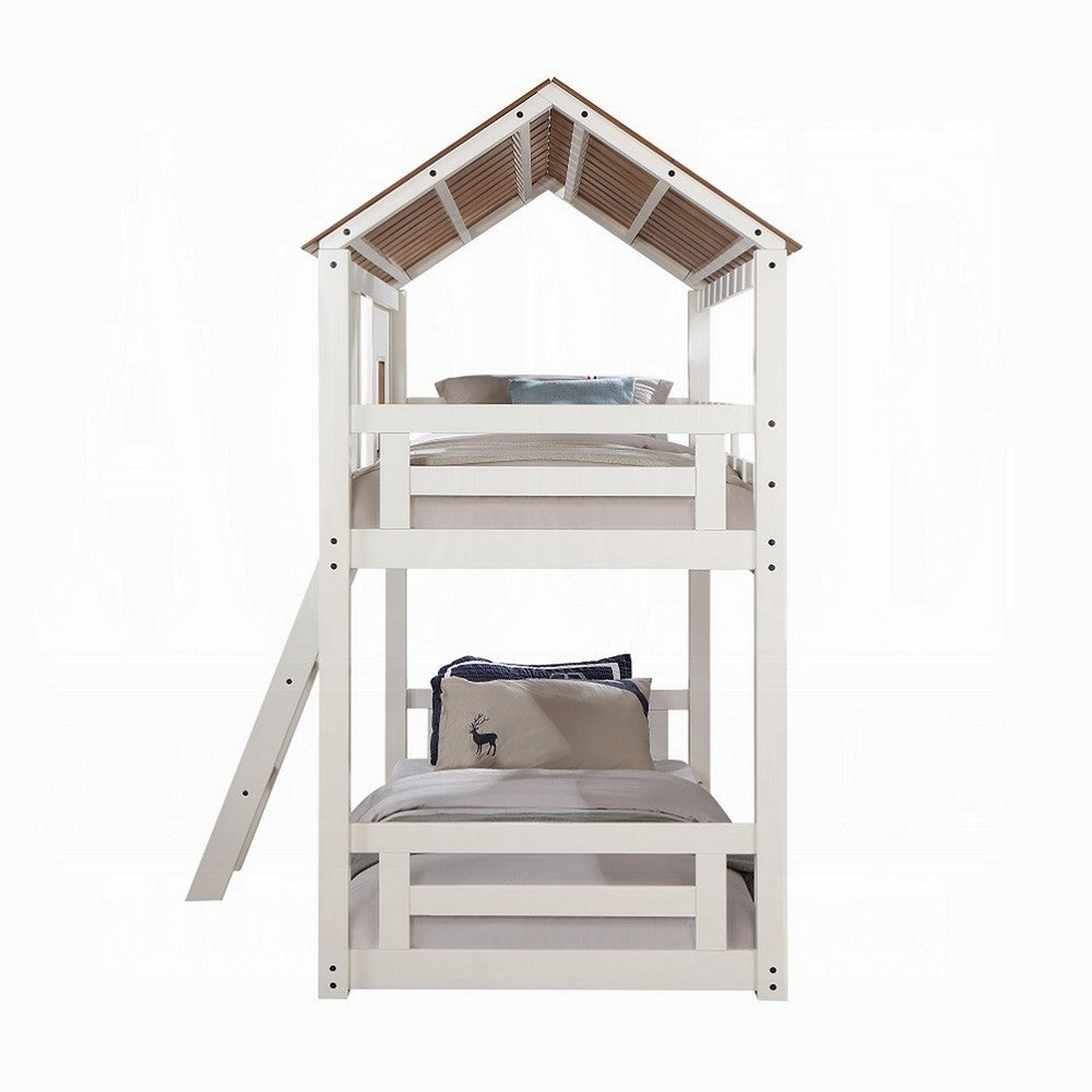 Nara Twin Size Bunk Bed, House Design with Ladder, White Rustic Wood