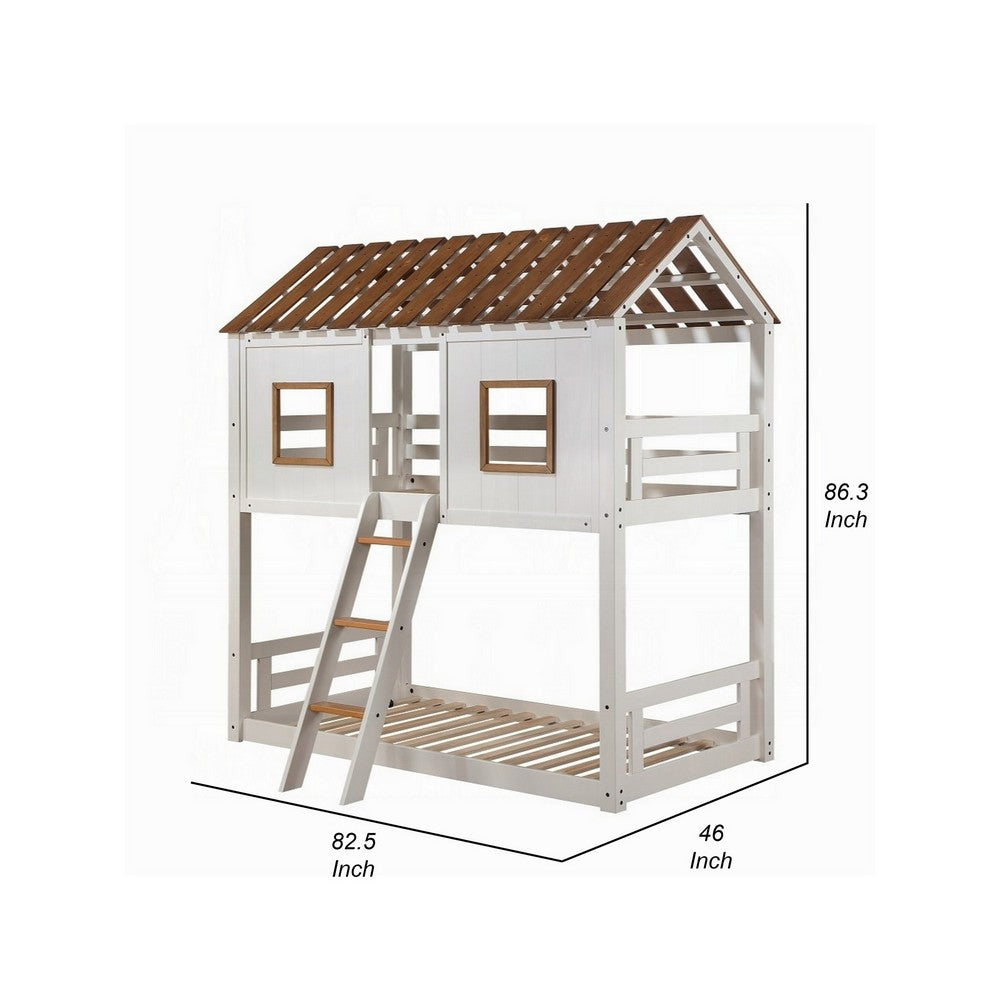 Nara Twin Size Bunk Bed, House Design with Ladder, White Rustic Wood