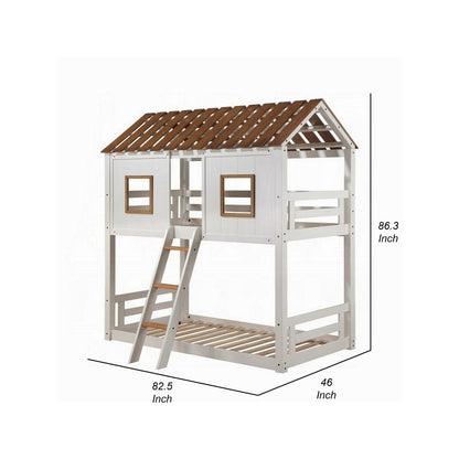 Nara Twin Size Bunk Bed, House Design with Ladder, White Rustic Wood