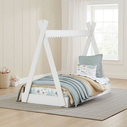 Kally Twin Size Floor Bed, Tent Style Design, Matte White Wood