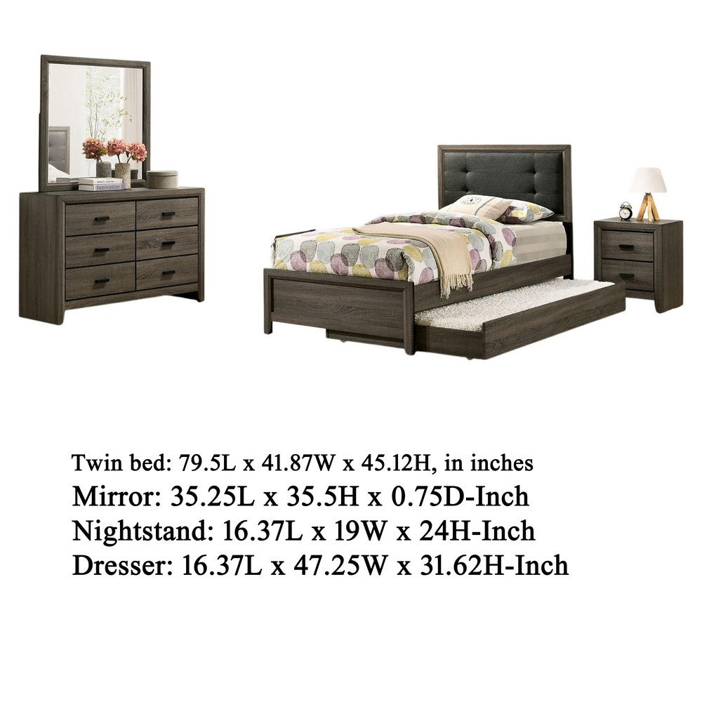 Meli 4pc Twin Size Bed Set with Dresser, Dark Gray Solid Wood Frame