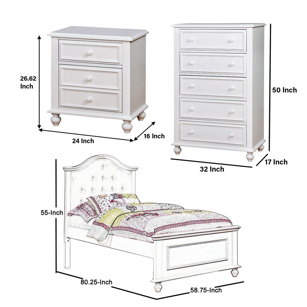 Aure 3 Pc Full Size Kids Bedroom Set, Curved Tufted Headboard, White