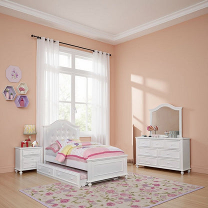 Aure 3 Pc Full Size Kids Bedroom Set, Curved Tufted Headboard, White