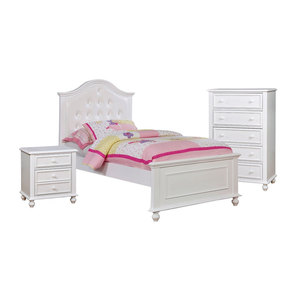 Aure 3 Pc Full Size Kids Bedroom Set, Curved Tufted Headboard, White
