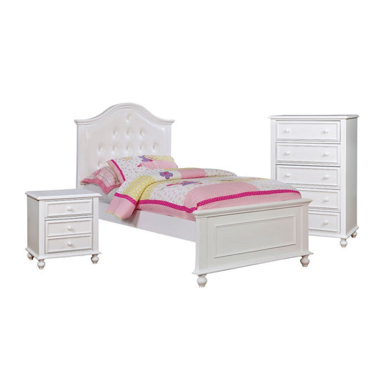 Aure 3 Pc Full Size Kids Bedroom Set, Curved Tufted Headboard, White