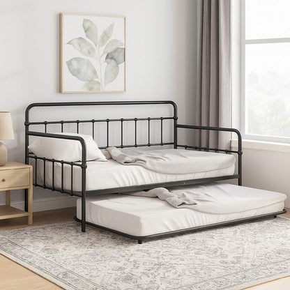 Tes Daybed with Pull Out Trundle, Classic Black Metal Open Frame