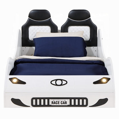 Corey Twin Size White Car Bed, Wheel Trim, Built-In LED, White Wood
