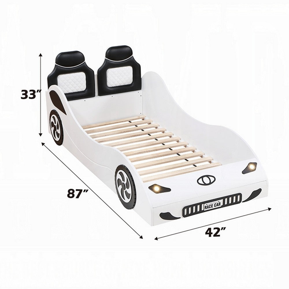 Corey Twin Size White Car Bed, Wheel Trim, Built-In LED, White Wood