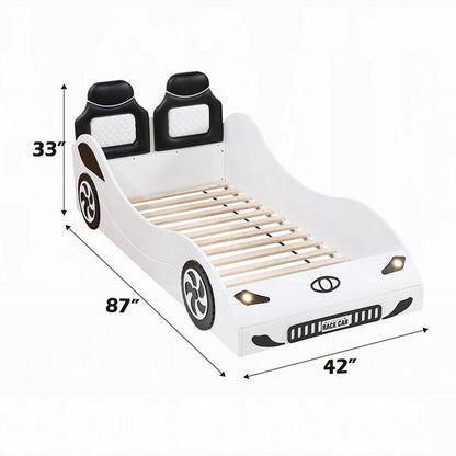 Corey Twin Size White Car Bed, Wheel Trim, Built-In LED, White Wood