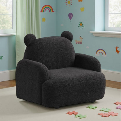 Raye Bear Shaped Kids Armchair with Black Legs, Black Teddy Velvet