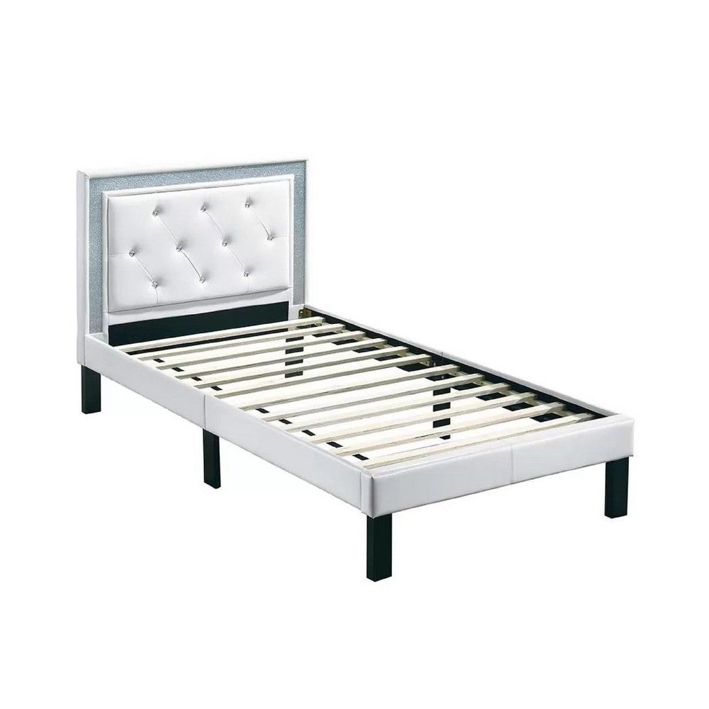 Mannie Twin Bed with Silver Trim, White Button Tufted Faux-Leather