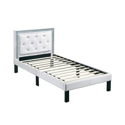 Mannie Twin Bed with Silver Trim, White Button Tufted Faux-Leather