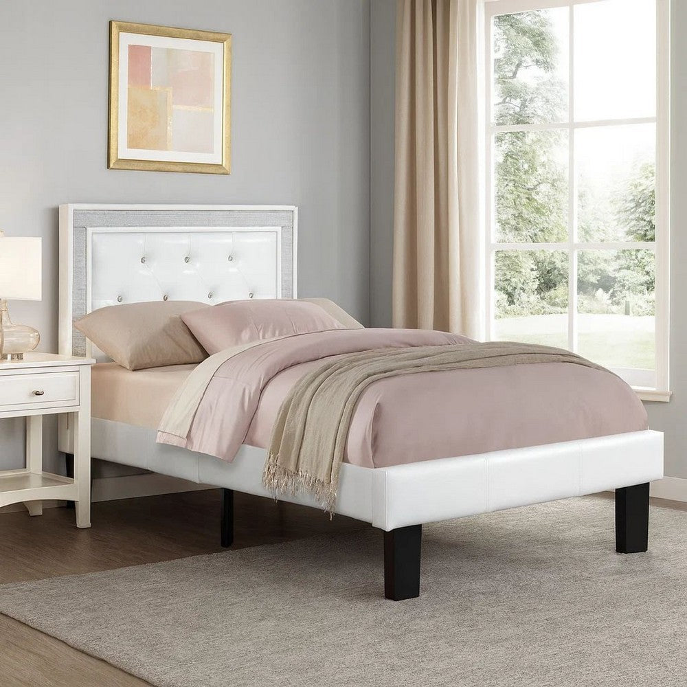 Mannie Twin Bed with Silver Trim, White Button Tufted Faux-Leather