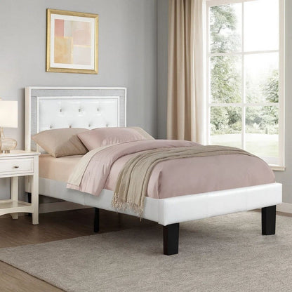 Mannie Twin Bed with Silver Trim, White Button Tufted Faux-Leather