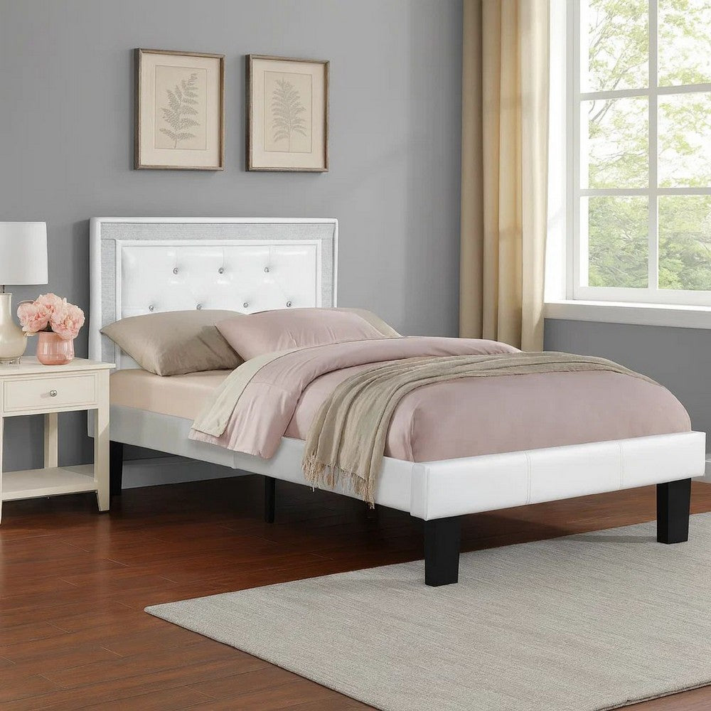Mannie Twin Bed with Silver Trim, White Button Tufted Faux-Leather