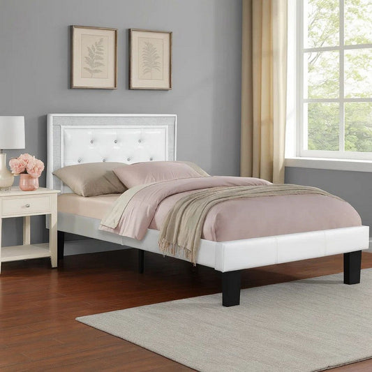Mannie Twin Bed with Silver Trim, White Button Tufted Faux-Leather