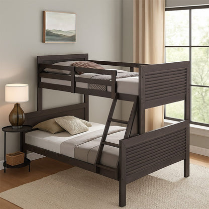 Wexo Twin over Full Bunk Bed, Charcoal Brown Slat Design and Ladder