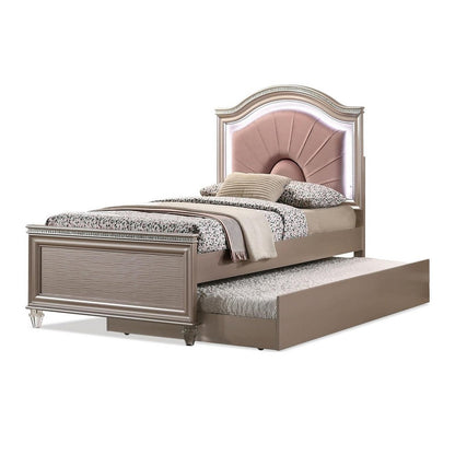 Jisoo Full Size Bed, Rose Gold Upholstery, Radial Arch Headboard