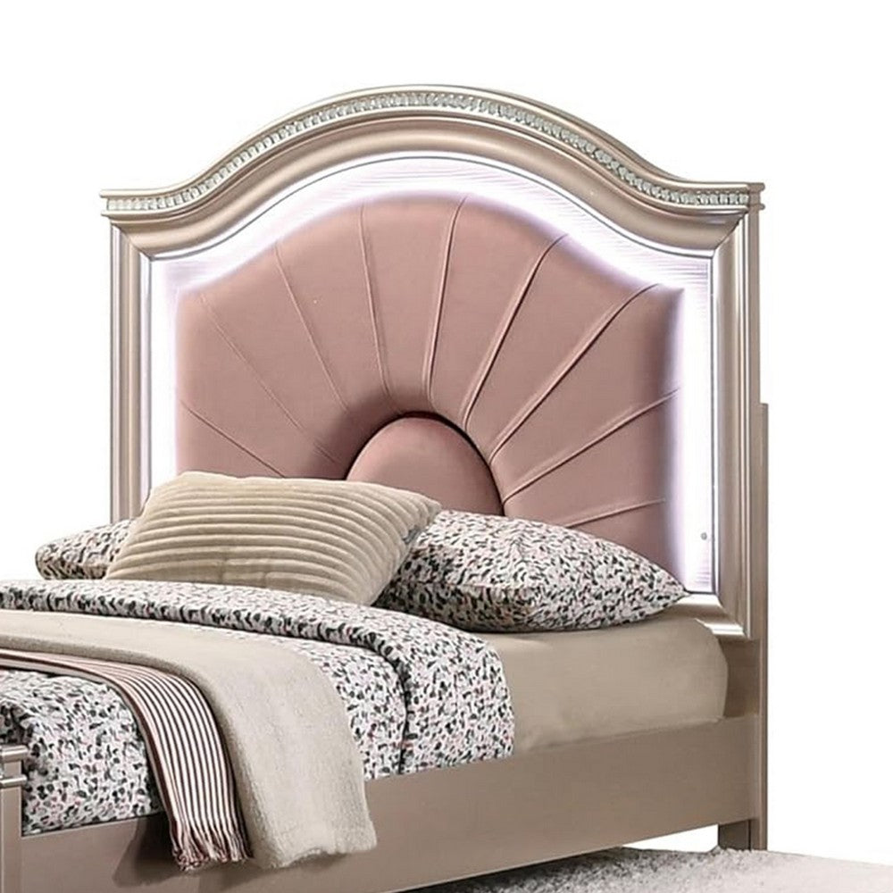 Jisoo Full Size Bed, Rose Gold Upholstery, Radial Arch Headboard
