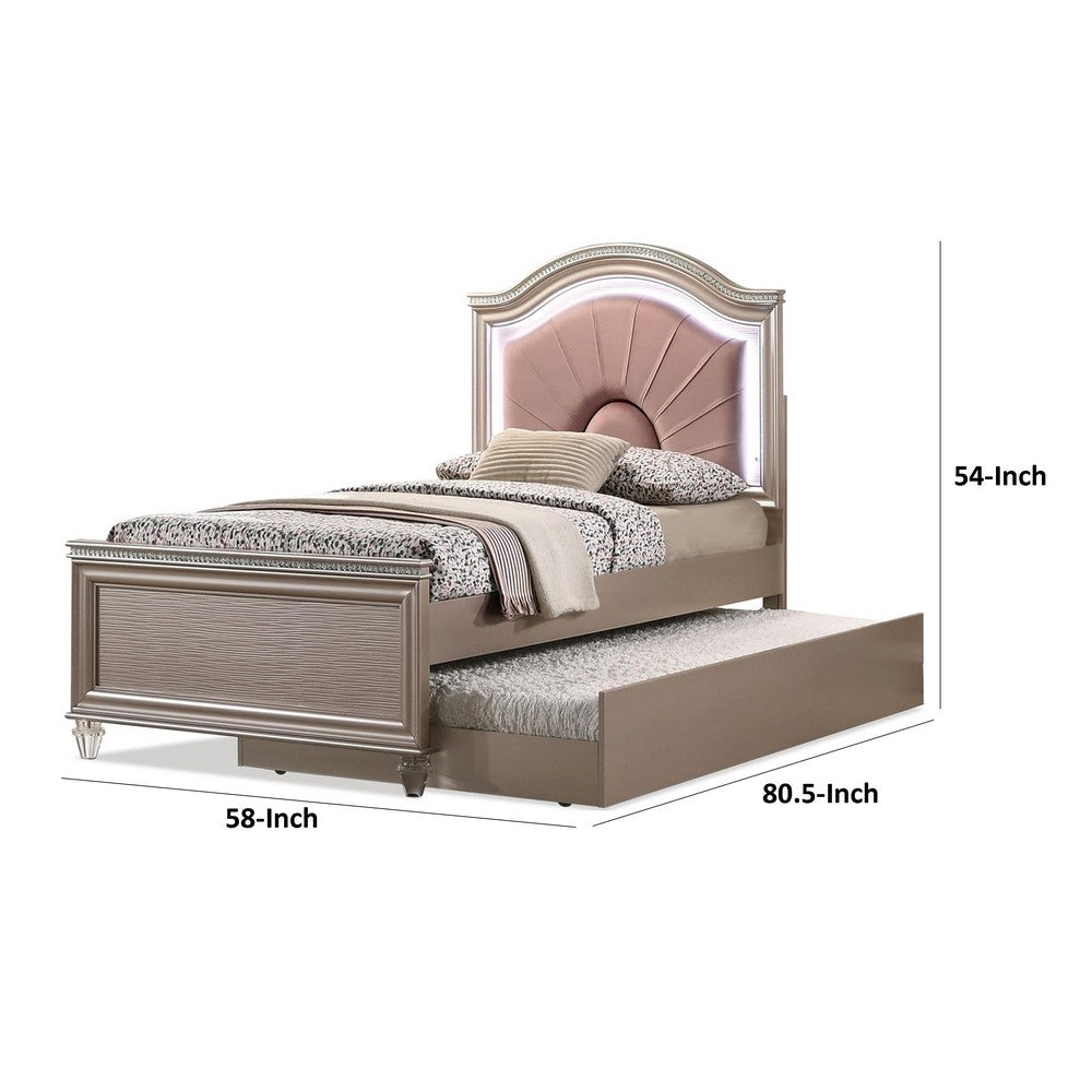Jisoo Full Size Bed, Rose Gold Upholstery, Radial Arch Headboard