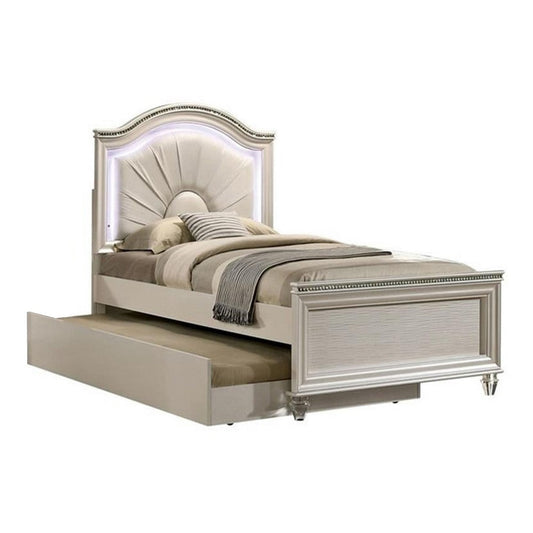 Jisoo Twin Size Bed, Pearl White Upholstery, Radial Arch Headboard