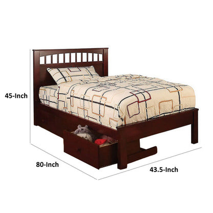Resy Twin Size Bed, Slatted Headboard and Side Drawers, Cherry Brown