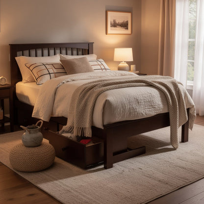 Resy Twin Size Bed, Slatted Headboard and Side Drawers, Cherry Brown