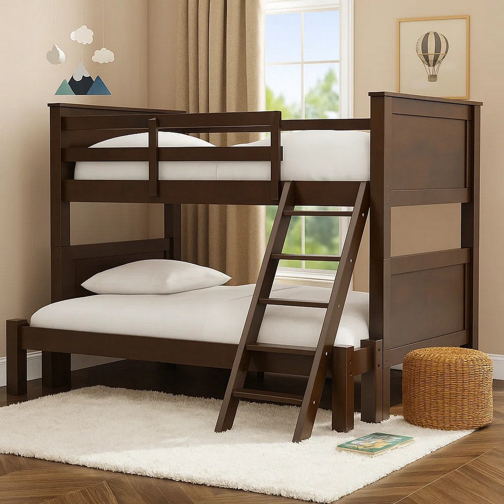Zedy Twin over Twin Bunk Bed, Ladder and Guardrails, Walnut Brown Wood