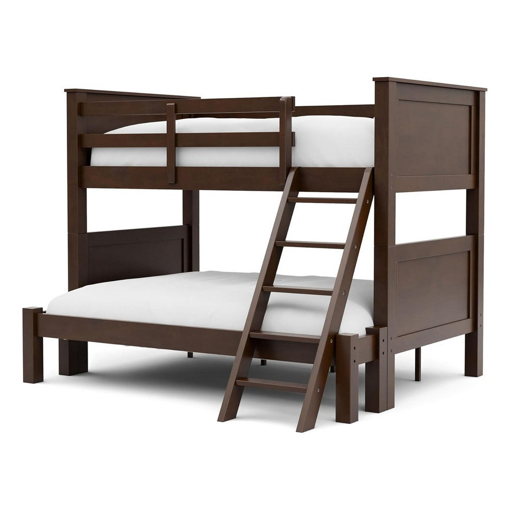 Zedy Twin over Twin Bunk Bed, Ladder and Guardrails, Walnut Brown Wood