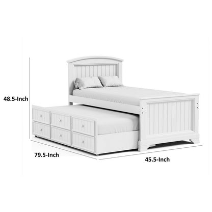 Toli Twin Captain Bed w Trundle, Drawers, White Curved Panel Headboard