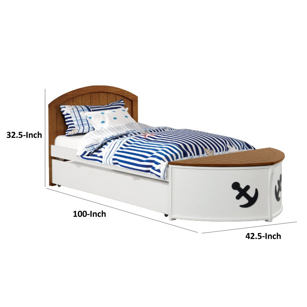 Evon Twin Captain Bed w Trundle, White, Oak Brown, Nautical Coastal Theme