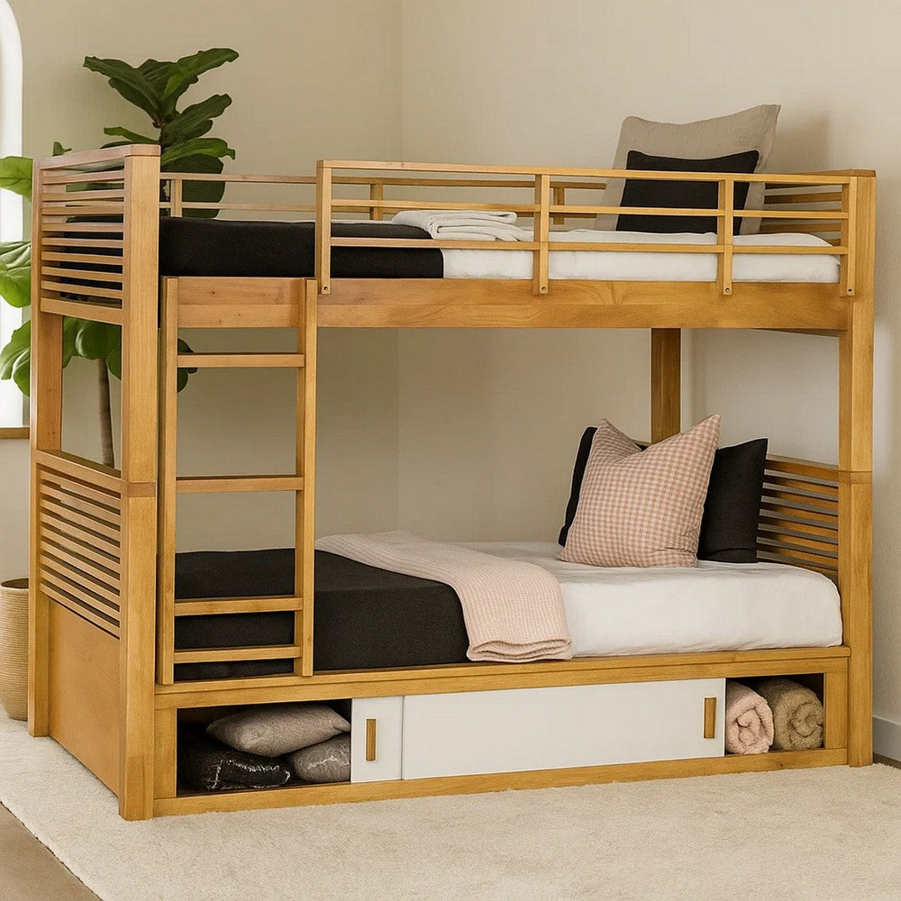 Dilu Twin over Twin Bunk Bed, Light Oak Brown Hardwood, Reversible Ladder