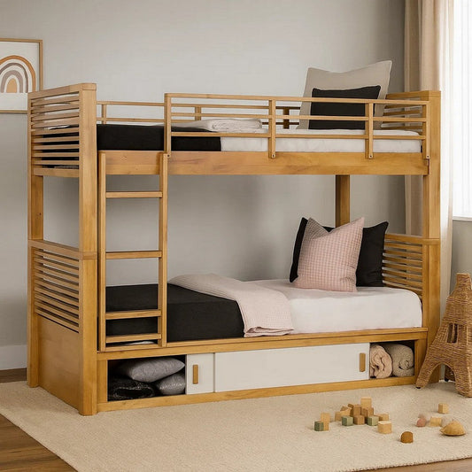 Dilu Twin over Twin Bunk Bed, Light Oak Brown Hardwood, Reversible Ladder