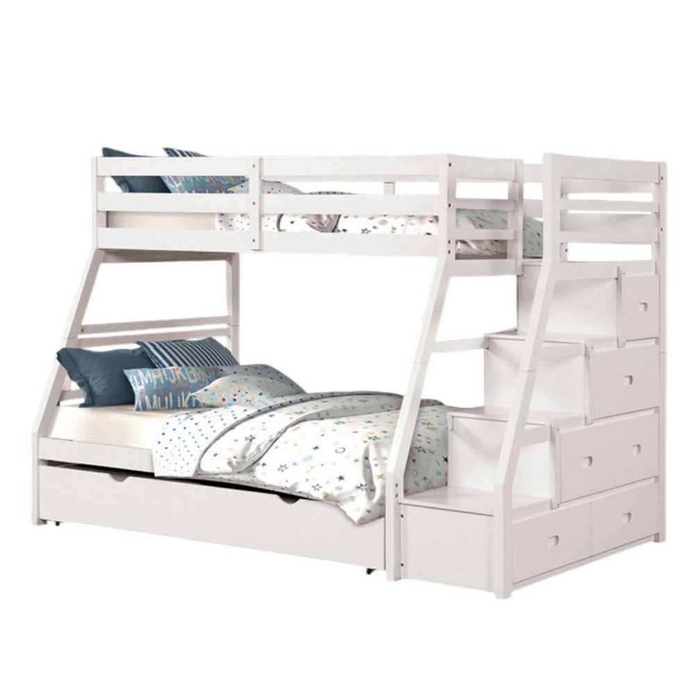 Ellon Twin over Full Bunk Bed, Trundle, White Wood, Storage Drawers