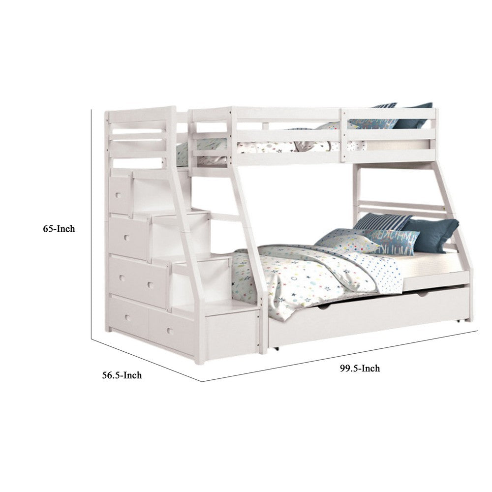 Ellon Twin over Full Bunk Bed, Trundle, White Wood, Storage Drawers