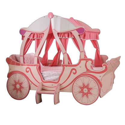 Arine Kids Twin Bed in Pumpkin Carriage Design, High Gloss Pink Wood