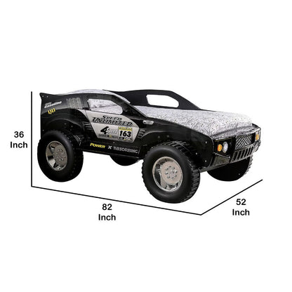 Jacky Kids Twin Bed with Off-Road Car Design, LED Headlights, Black Wood