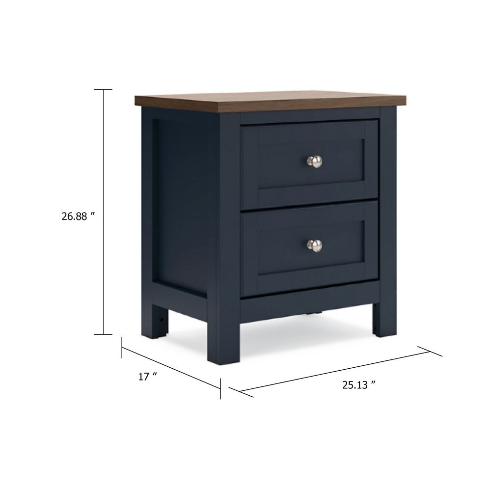 Docken Nightstand, 2 Drawers, Shaker Style, Slate Blue & Light Brown