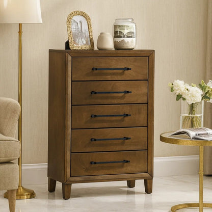 Lary Tall Dresser Chest, Youth bedroom, Walnut Brown, 5 Drawers