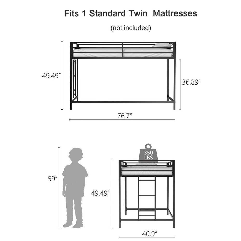 Ady Twin Size Loft Bed with Ladder and Guardrails, Black Metal Frame