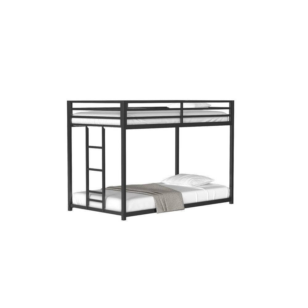 Ady Low Profile Twin Over Twin Bunk Bed with Ladder, Black Metal Frame