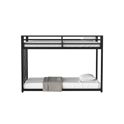 Ady Low Profile Twin Over Twin Bunk Bed with Ladder, Black Metal Frame