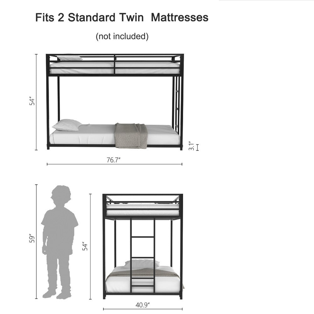Ady Low Profile Twin Over Twin Bunk Bed with Ladder, Black Metal Frame