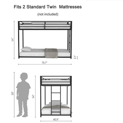Ady Low Profile Twin Over Twin Bunk Bed with Ladder, Black Metal Frame