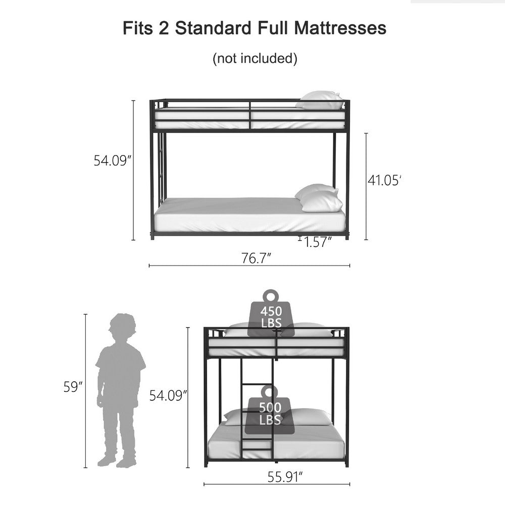 Ady Low Profile Full Over Full Bunk Bed with Ladder, Black Metal Frame