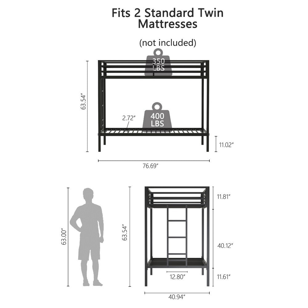 Ady Twin Over Twin Bunk Bed with Ladder and Guardrails, Black Metal Frame