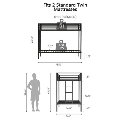 Ady Twin Over Twin Bunk Bed with Ladder and Guardrails, Black Metal Frame