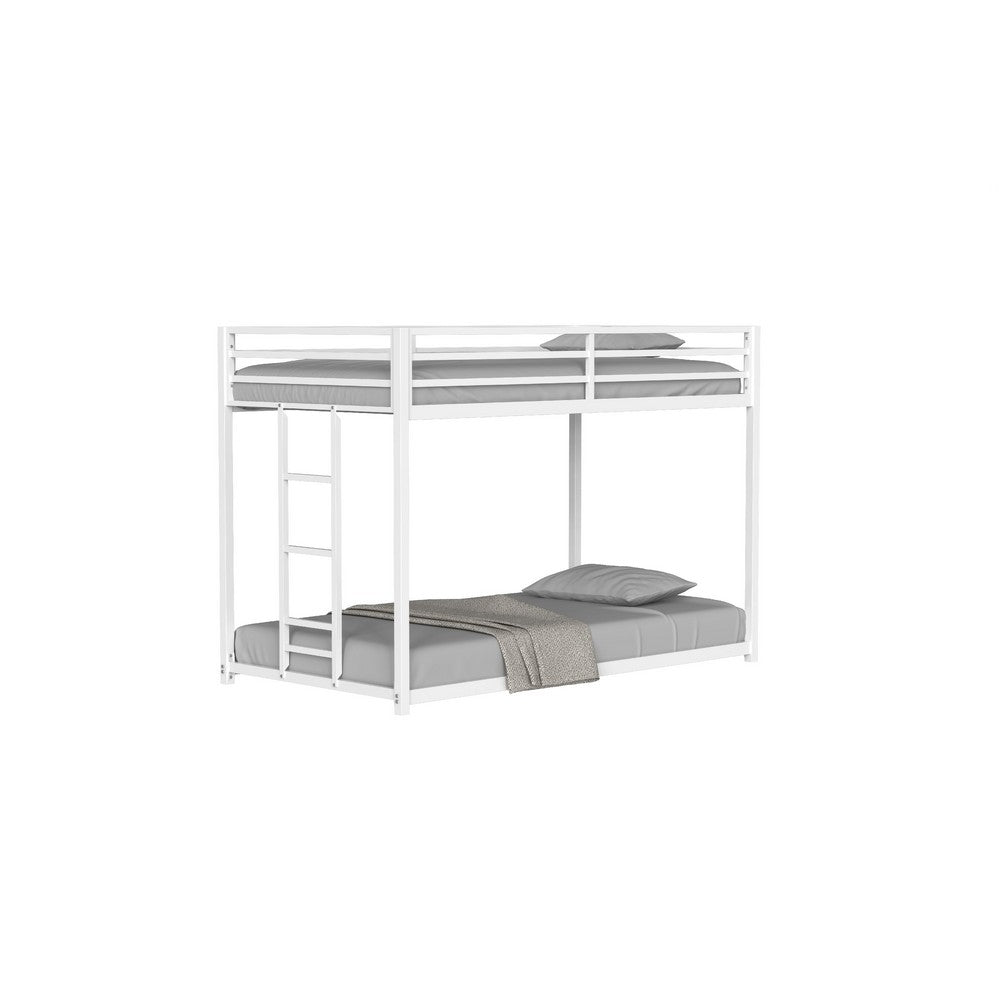 Ady Low Profile Twin Over Twin Bunk Bed with Ladder, White Metal Frame